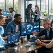 Futuristic business office showing AI agents collaborating with human employees to automate business operations and improve productivity.