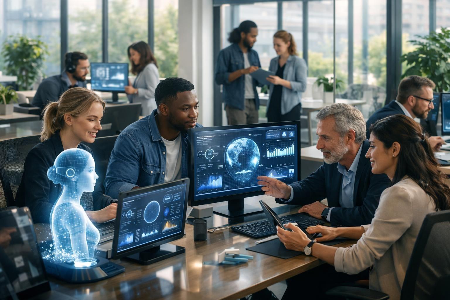 Futuristic business office showing AI agents collaborating with human employees to automate business operations and improve productivity.